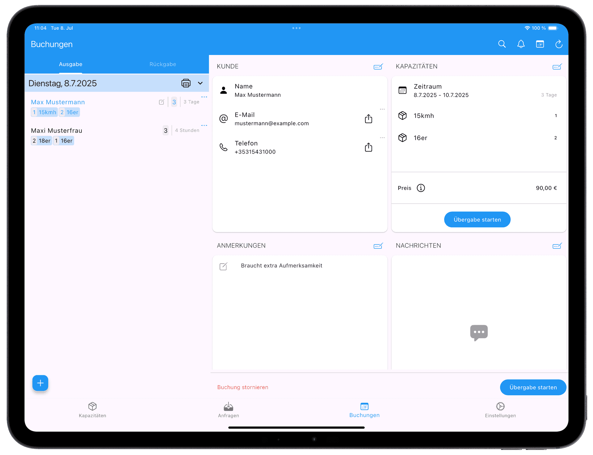 Screenshot (tablet): Buchung
